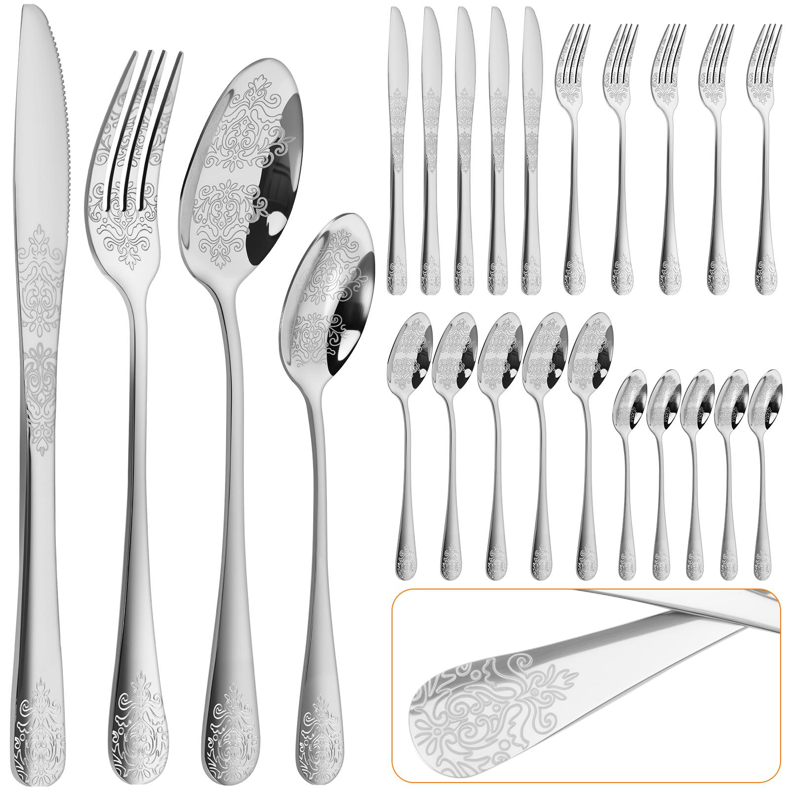 

24 предмета Винтажный резной тисненый набор столовых приборов на 6 персон из нержавеющей стали с зеркальной полировкой, включая ножи/вилки/ложки, кухонные приборы