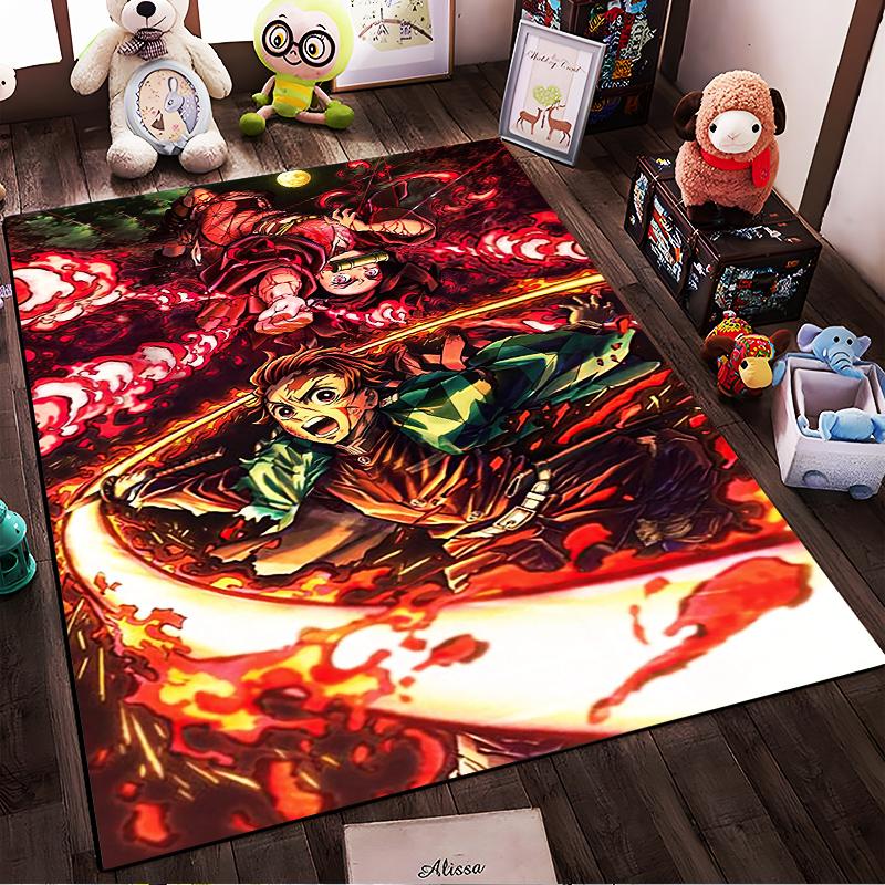 Vibrant anime-style carpet with a fiery battle scene Suitable for use as an anti-slip game mat for living room and bedroom sofas