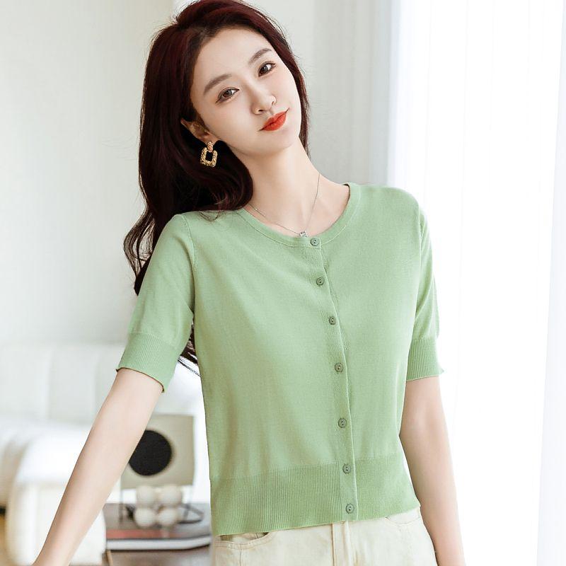 Spring Women's Elegant Solid Button Up Short Sleeve Knitted Blouse