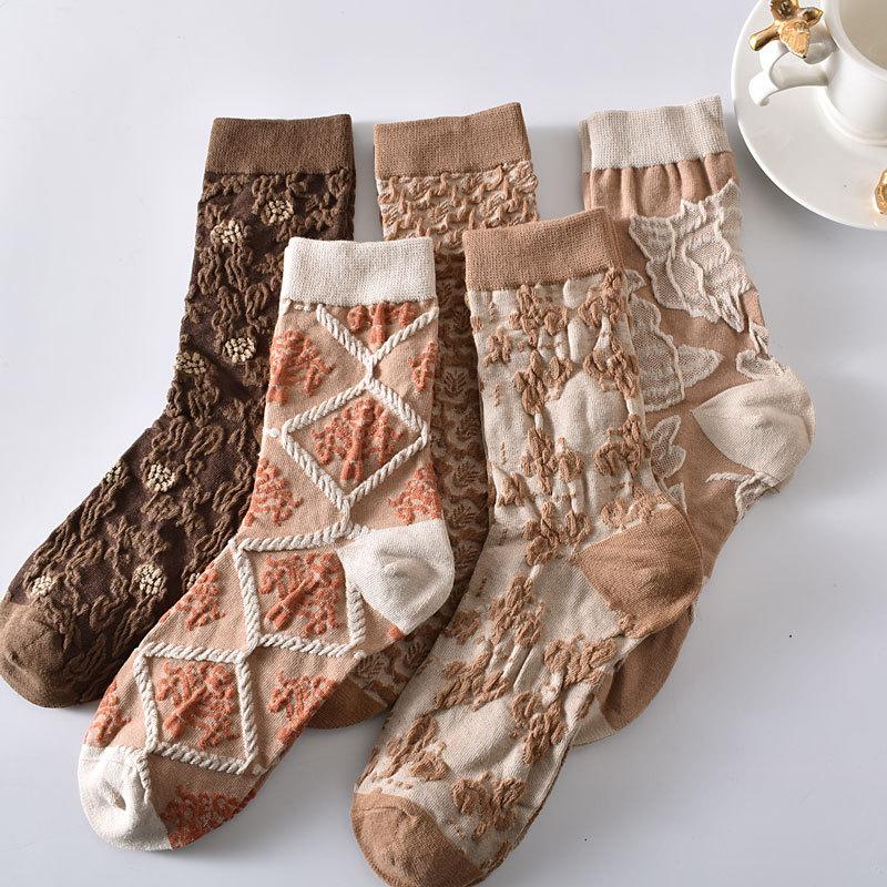 5 Paare/ Los Traumähnliche Damen Socken Harajuku Retro Stickerei Frühling 3D Strickerei Blumen Geprägter Druck Lolita Weihnachtsgeschenk