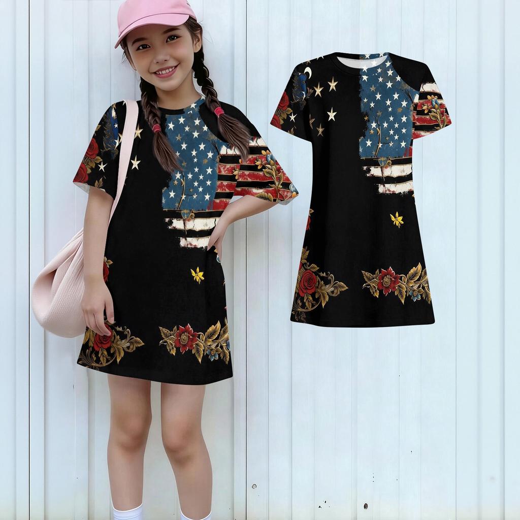 Girls Independence Day Print Casual Dress Kids Loose Round Neck Short Sleeve Thin Sundress