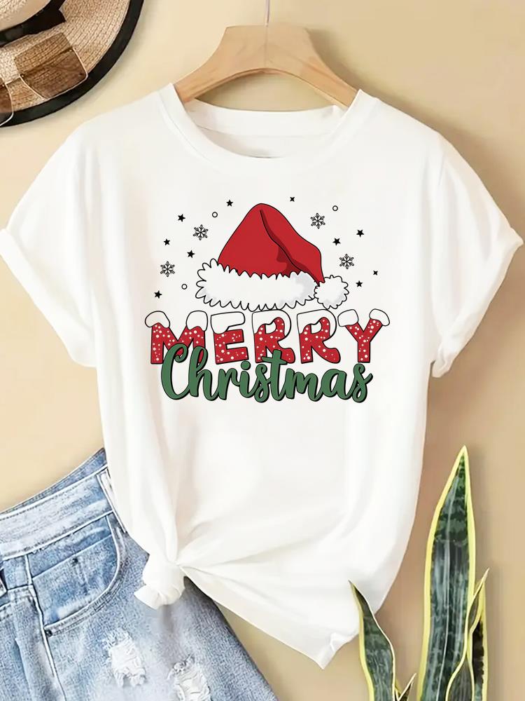 (Asian Size) New Year T Clothing Short Sleeve T-shirts  Print Merry Christmas Letter 90s Trend Cute O-neck Women's Top Fashion Holiday Graphic Tee