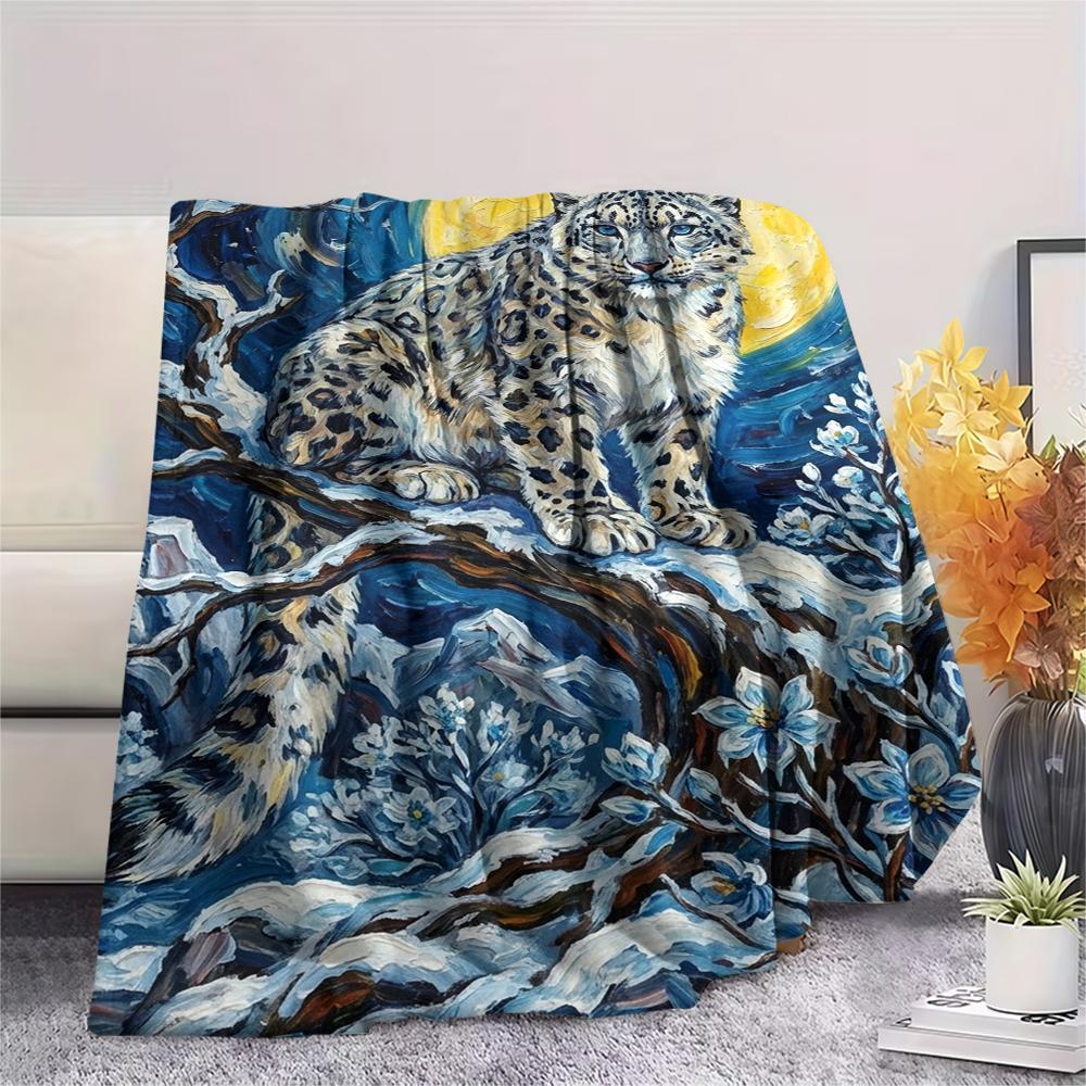 Snow Leopard Animal Print Flannel Blanket, High quality Comfortable for All Seasons, Home Decor, Warmth and Comfort, Perfect for Christmas Gifts114