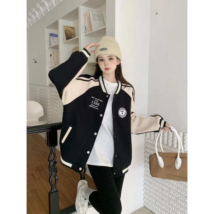 2023 Spring Color Block Patchwork Loose Baseball Jacket - Women s Academy Style Outerwear Large чёрный