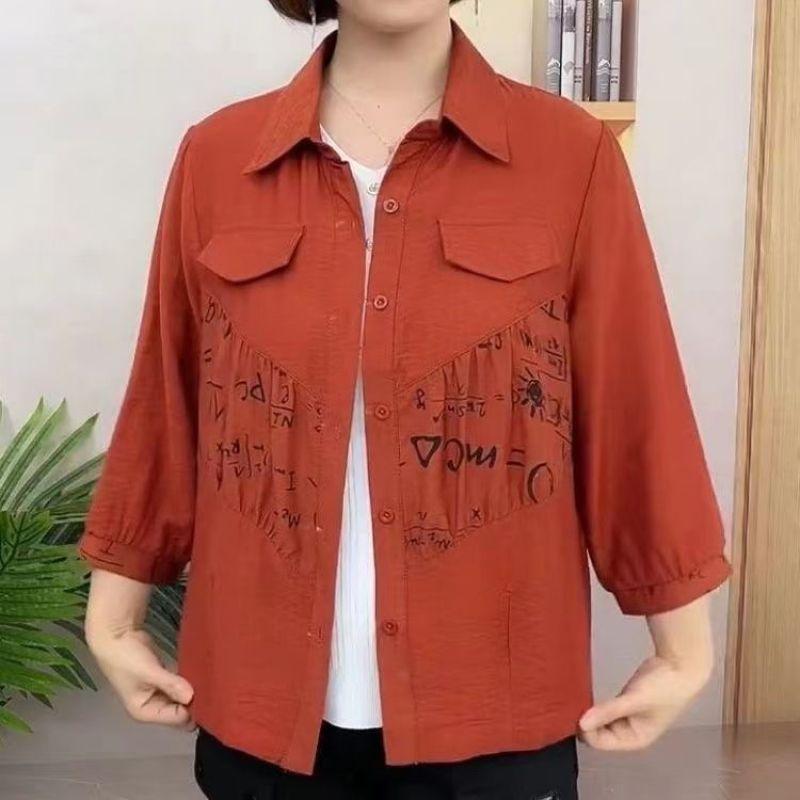 

Новая Весна Осень Мода для Мамы Среднего Возраста Тонкая Свободная Расслабленная Лацкан Принт Буква Универсальная Рубашка Куртка Пальто 5XL оранжевый