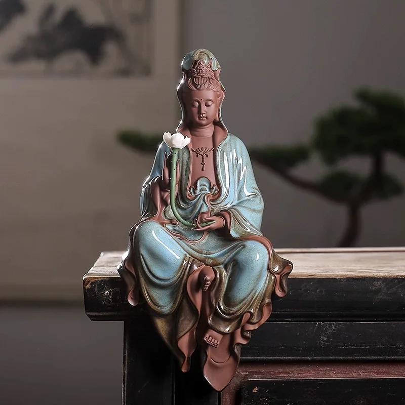 Zisha Guanyin Zen Statue Dekorationen, Keramik Buddha Statuen mit sitzendem Bodhisattva, Klassisch Chinesisch, Kreativ, 1 Stück