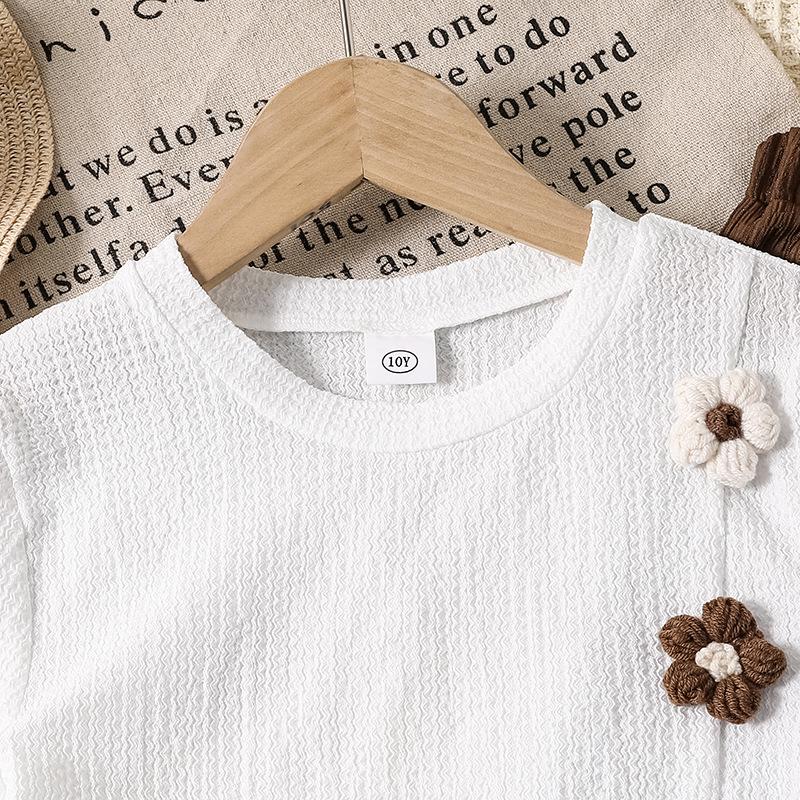 Girls' Spring/Summer 3D Flower Two-Piece Set – Sweet Korean Style Short-Sleeve Top & Long Pants