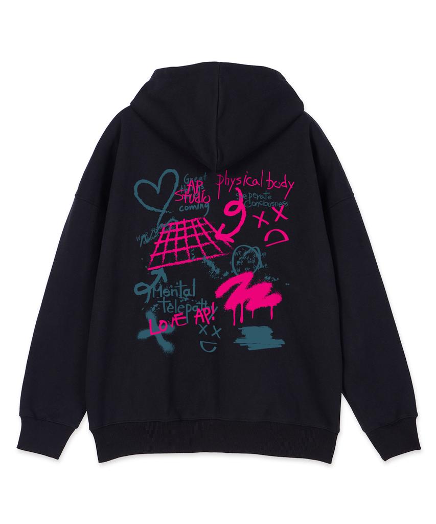 Astral Projection Graffiti Oversized Wide Shoulder Zip-Up Hoodie_Black