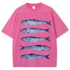Interesting sardine pattern T-shirt retro Water Wash vintage Short Sleeve Men's and women's loose street style fashion top