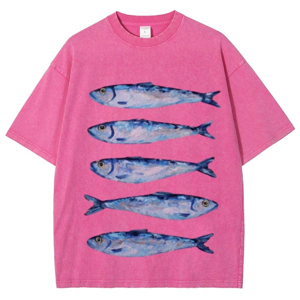 Interesting sardine pattern T-shirt retro Water Wash vintage Short Sleeve Men's and women's loose street style fashion top
