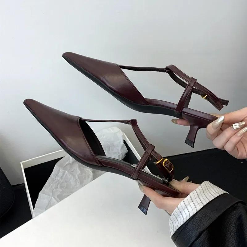 Fashion High Quality Low Small Heel Ankle Strap Women Pumps Sexy Pointed Toe Soft Leather High Heels Elegant Office Shoes Heeled Sandals