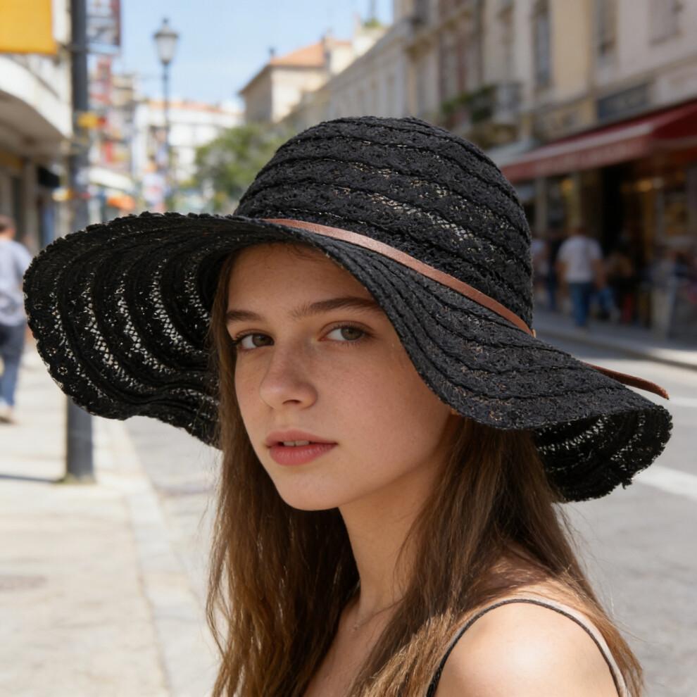 (Einheitsgröße, Schwarz) Damen Sommerstrohhut Eleganter Floppy-Hut mit breiter Krempe Strandkappe Leichter Spitzen-Sonnenhut