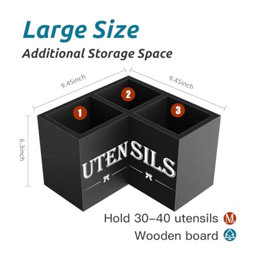 Extra Large Kitchen Utensil Holder with 3 Compartments Corner Caddy for Countertop Wooden Organizer in Black Farmhouse Style Ki