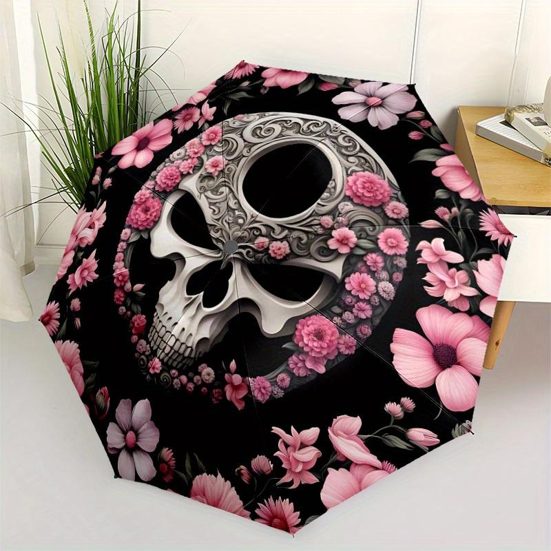 1pc Skull Flowers Automatic Open/close Folding Compact Umbrella, 8-Rib Sturdy Canopy, Lightweight Portable, Everyday Use, Gift, Outdoor Umbrella, Trav