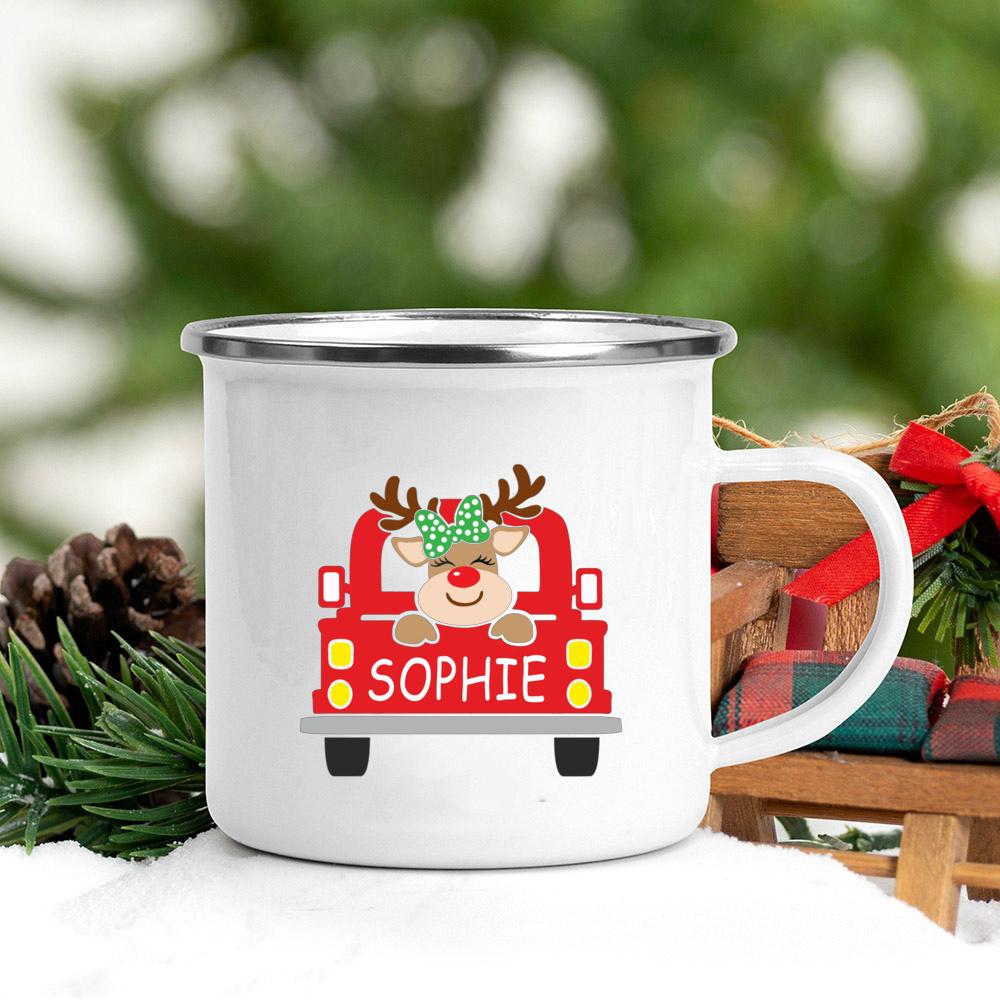 Personalized Mug Custom Deer with Name Cup Christmas Party Drink Hot Cocoa Juice Cups Handle Enamel Mugs Xmas Best Gift for Kids