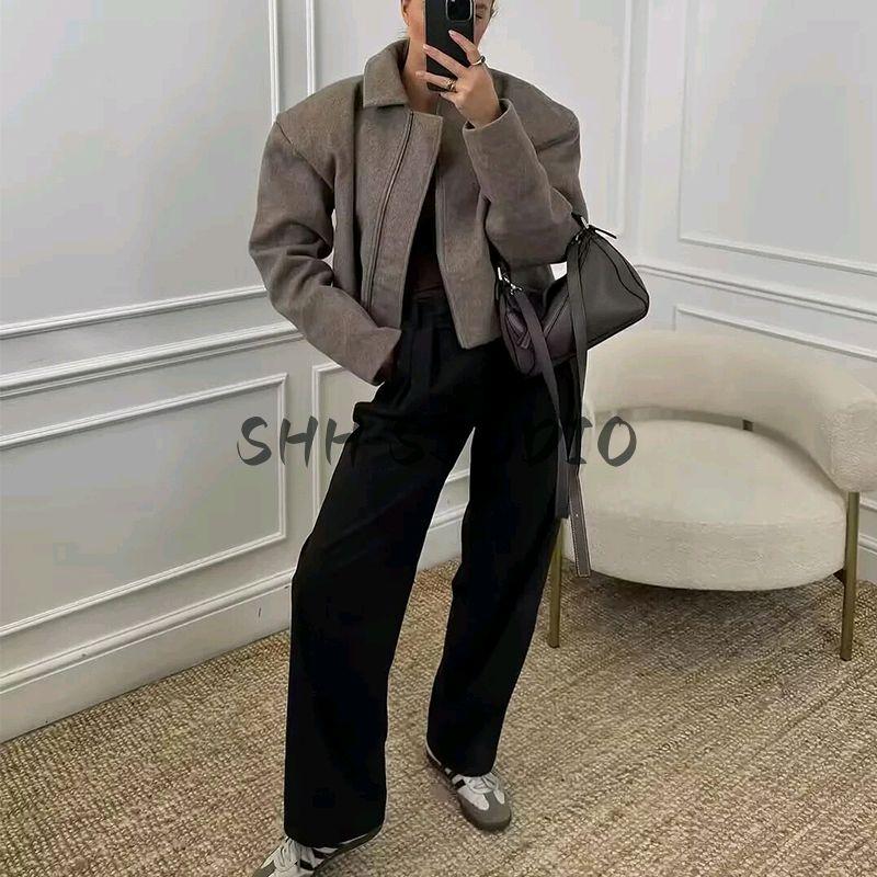 Spring New Women's Clothing Korean Style Loose Casual Minimalist Polo Collar Long Sleeves Soft Woolen Zipper Jacket Outwear