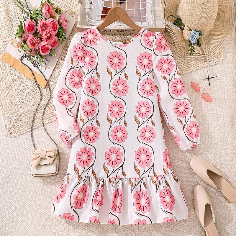 

Новое осеннее повседневное платье для девочки в богемном стиле для отпуска с цветочным принтом и длинными рукавами 12Y розовый