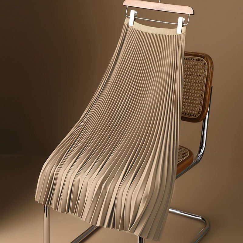 Saia Longa Plissada A-line Feminina com Cintura Alta