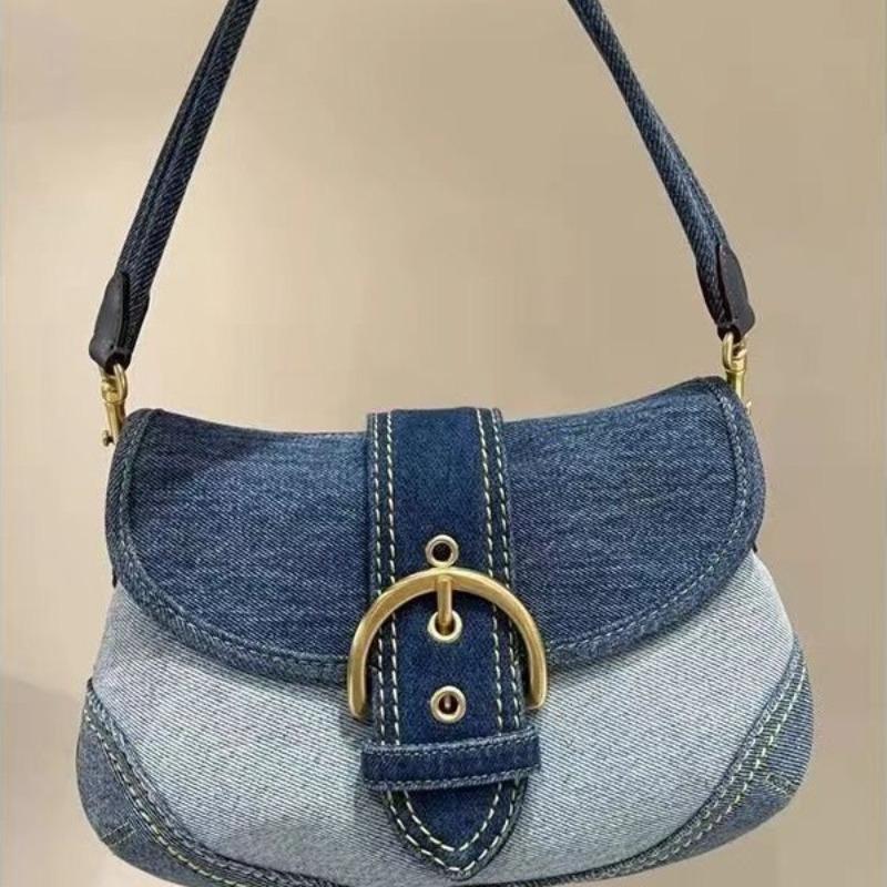 1pcs Women's Denim Underarm Bag Contrast Patchwork Shoulder Bag Minimalist Fashion Casual Handheld Purse
