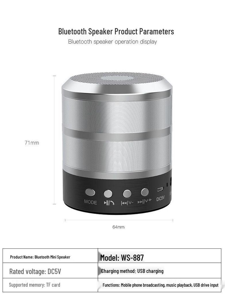 Portable Bluetooth Speaker with Shocking Bass and Card Slot - WS-887