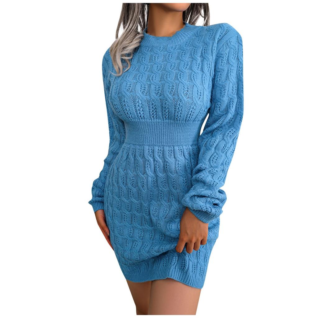 Women's  And Winter Casual Dress Round Neck High Waist Bag Hip Sweater Dress
