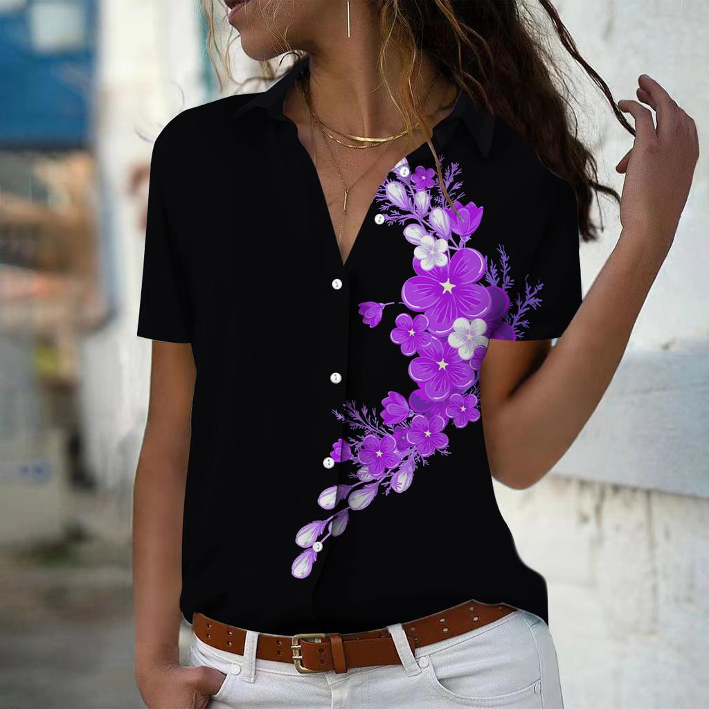 2025 Summer New Fashion Women's Flower Printed Short Sleeve V-neck Casual Button-down Shirt Top