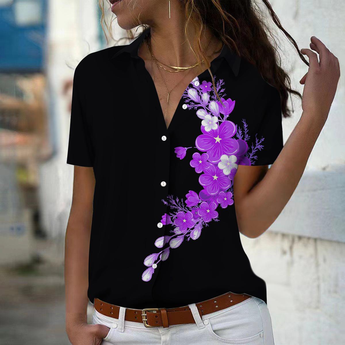 

2025 Summer New Fashion Women s Flower Printed Short Sleeve V-neck Casual Button-down Shirt Top XS фіолетовий
