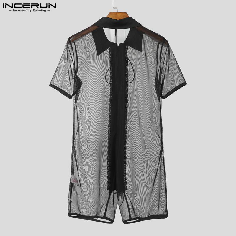 INCERUN Men Sleeveless Stitching Mesh Sheer Transparent Jumpsuits Underwear 