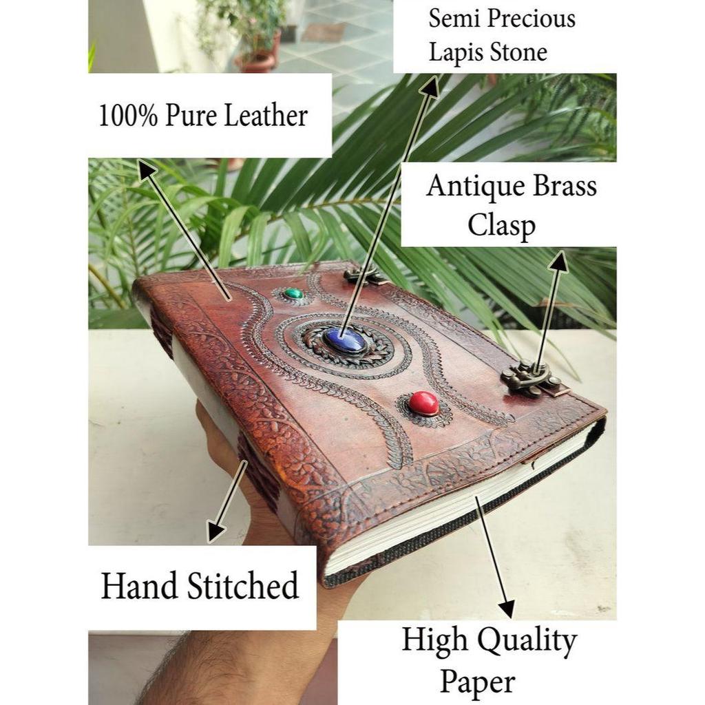 Handcrafted Leather Grimoire Journal: Custom Three Stone Design, Ideal Gift