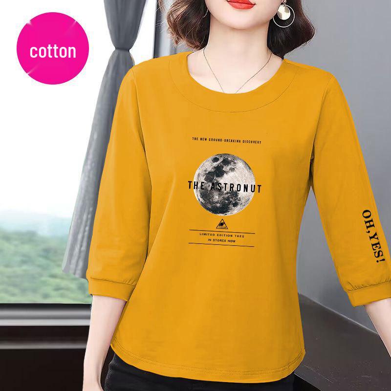 

Женская хлопковая футболка с рукавом семь восьмых, лето 2025, премиум-класса, корейский стиль: Повседневный, Свободный, Стройнящий, Универсальный топ, скрывающий живот. S (recommended under 85 jin) жёлтый