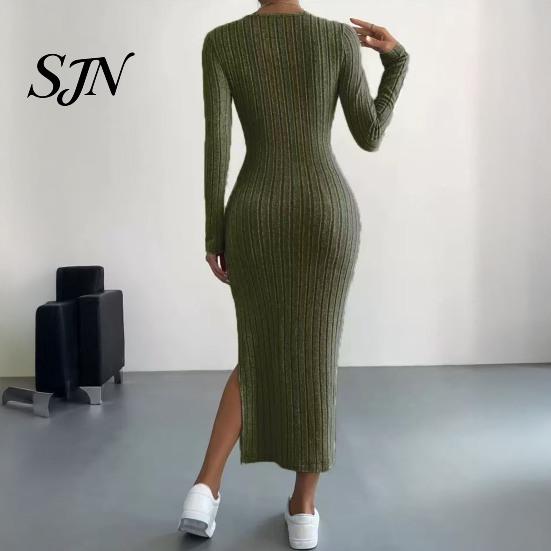 Comfortable Casual Dresses Women Round Neck Knitted Dress, Long Sleeve Pullover Sweater Winter Wear Solid Color Stretchy Split Bodycon Dress