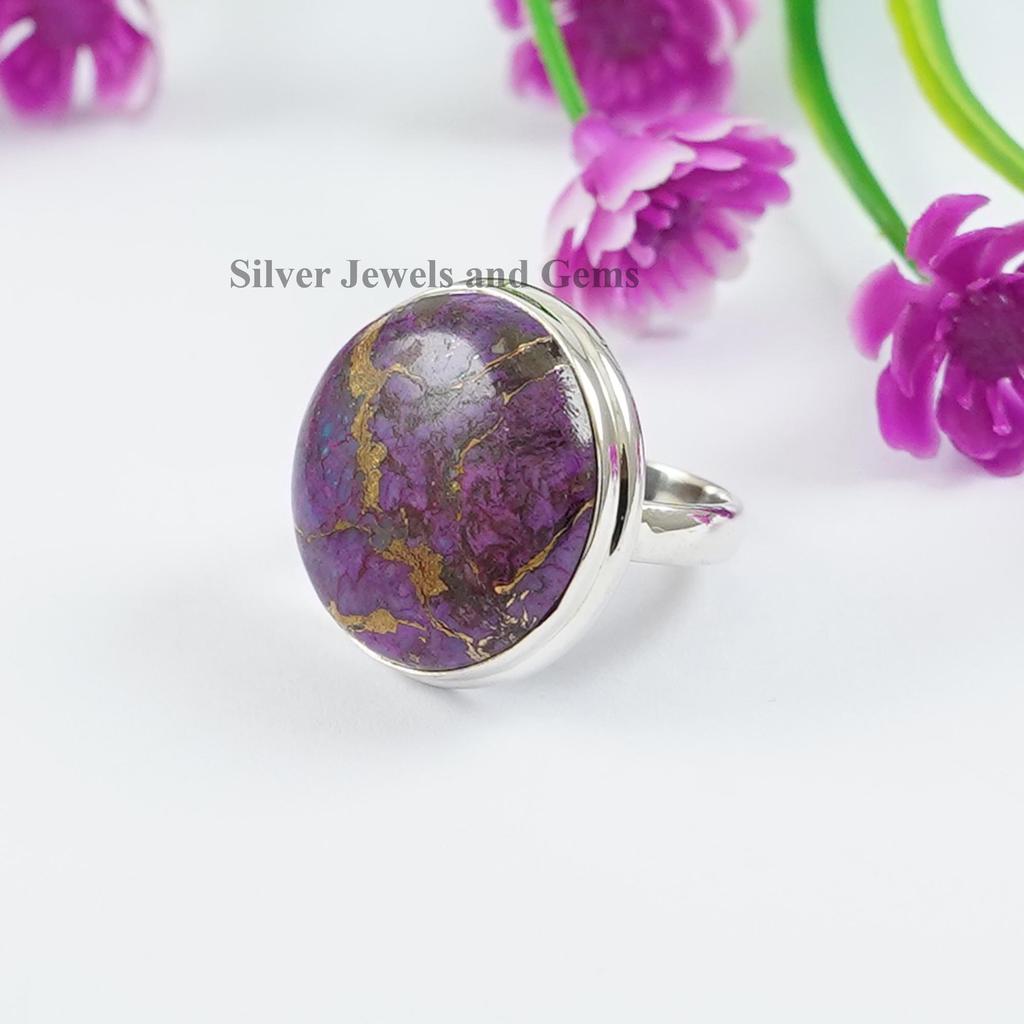 Purple Copper Turquoise Ring, Handmade 925 Sterling Silver Round Turquoise Ring, December Birthstone, Anniversary Ring