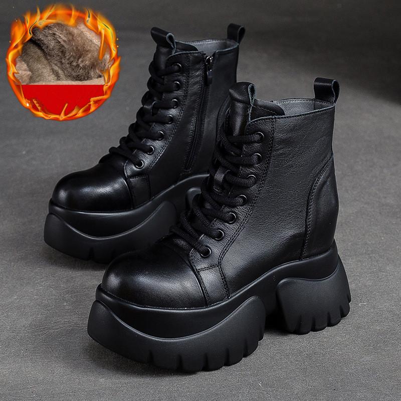 Johnature Pravá kůže Silná podrážka Dámské Kozačky Retro Kulatá špička Boční Zip Klínky Boty na platformě