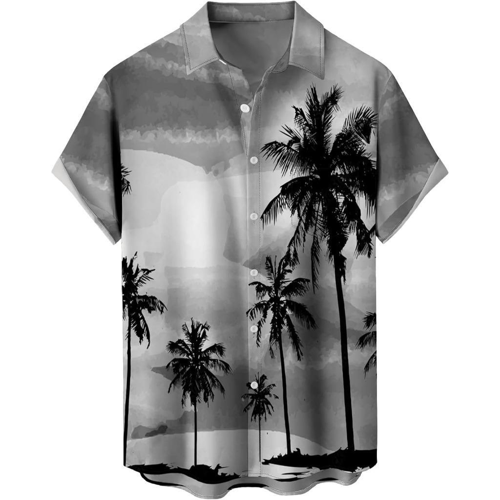 Summer Men's Gradient Sketch Coconut Tree 3D Print Shirt, Retro Hawaiian Tropical Quick-Drying Loose Aloha Shirt