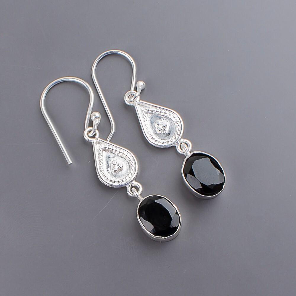 Natural Black Onyx Gemstone 925 Sterling Silver Jewelry Handmade Earrings 1.70" EE-8-15