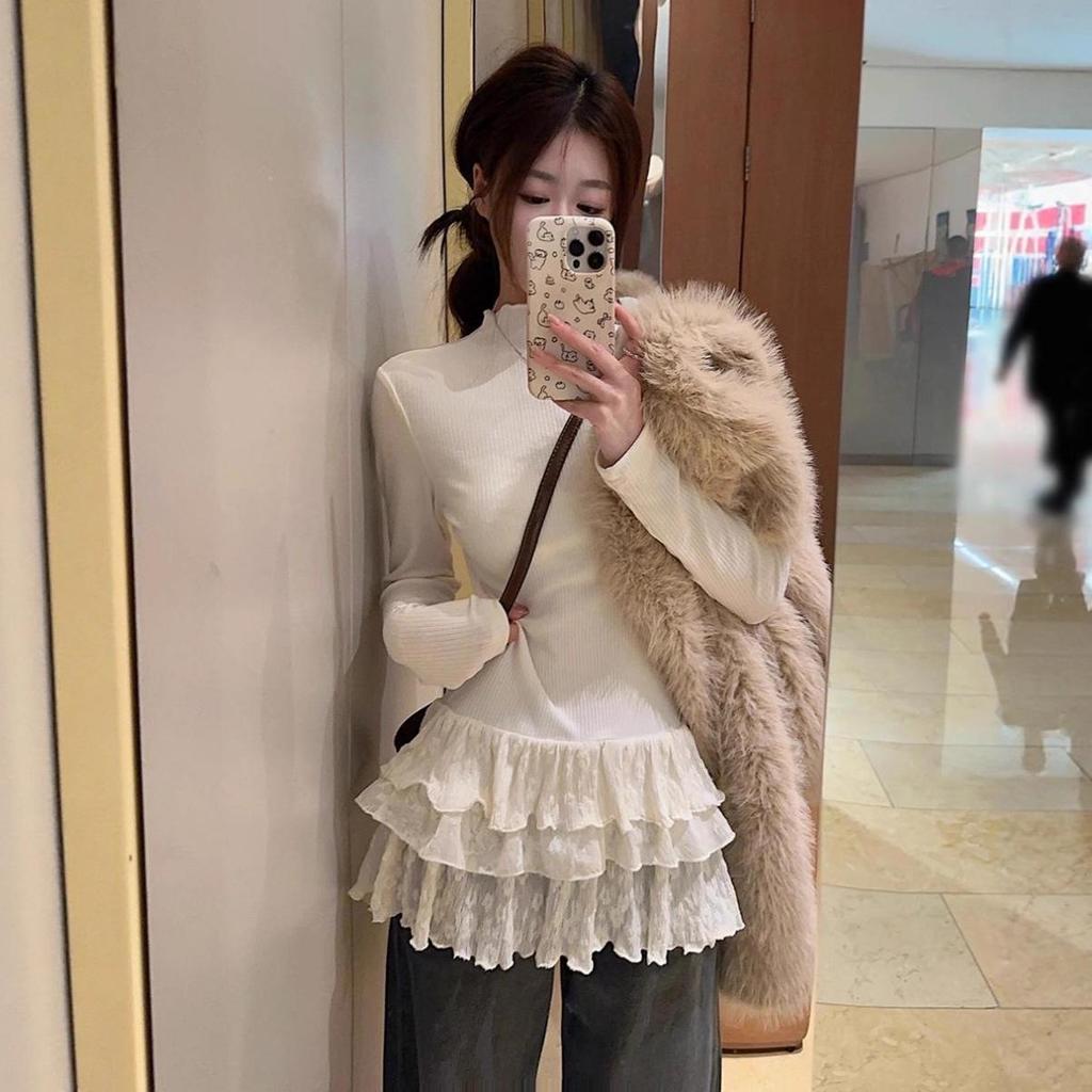 A/W 2025 Women's Thermal Fleece High-neck Layered Lace Turtleneck