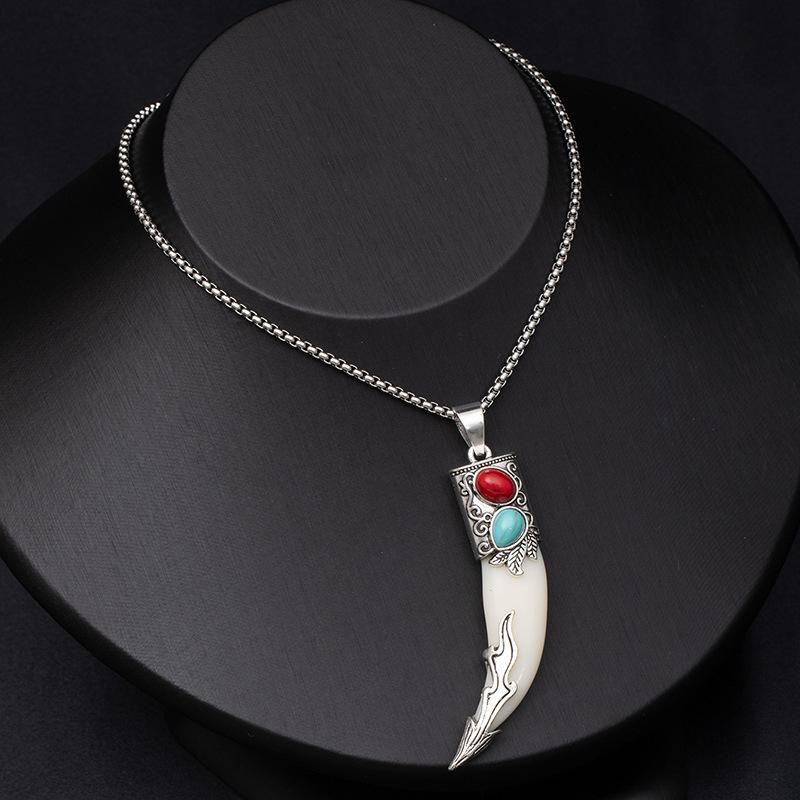 Retro Ethnischer Stil Imitation Wolfszahn Edelstahl Halskette Lange Accessoires von Wolfskopf und Tigerkopf