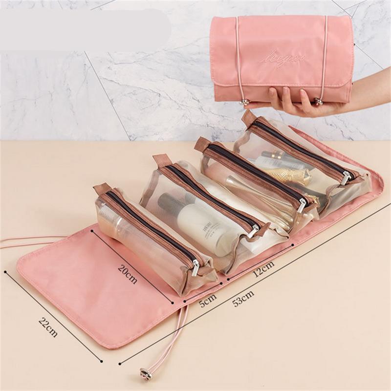 1PC 4 IN 1 Pink Detachable Makeup Bag Multifunction Minimalist Travel Women's Foldable Travel Cosmetic Storage Bag Washing Bag