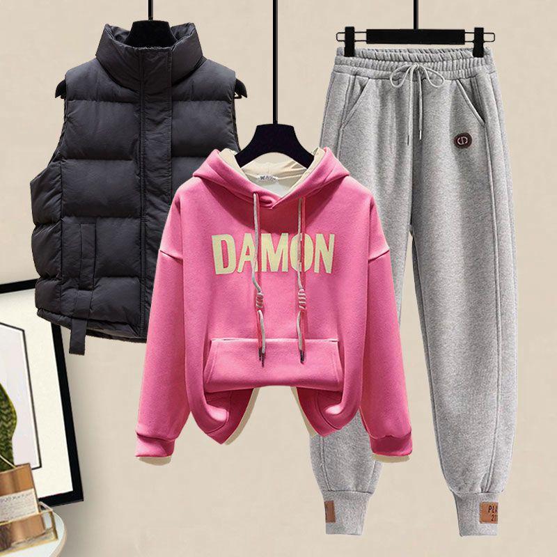 Plysj Tykk Hettevest Casual Sportbukser Moteriktig Student Sportssett Vinter Treningsdress Antrekk