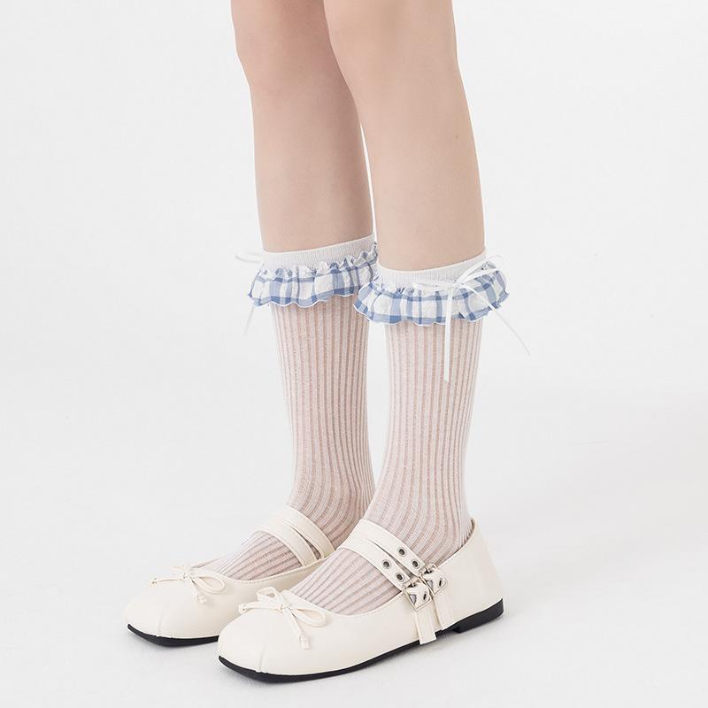 

Женские весенне-летние новые тонкие носки из хлопка без косточек с клетчатым бантом и кружевом 1 pair синий/белый