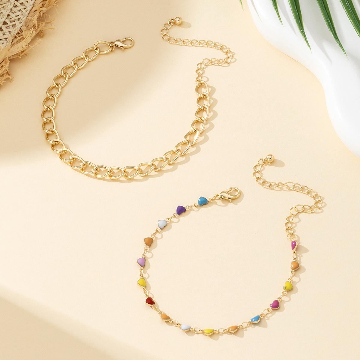 Яркий эмалированный сердечко женский летний пляжный браслет на щиколотку золотой