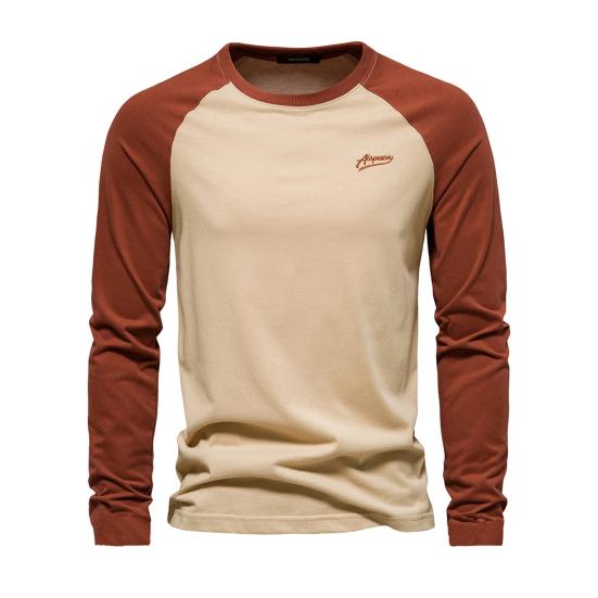 

Мужская футболка с длинным рукавом реглан, О-образный вырез, пэчворк, цветной пуловер, свободный крой, эластичные манжеты, дышащие повседневные топы XL коричневый