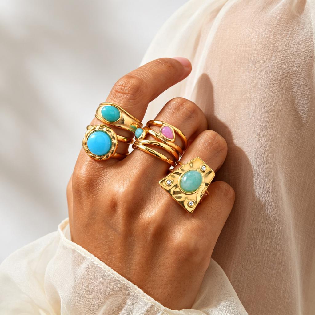 Boho Natural Stone Statement Ring for Women, Geometric Shield Multi Layer Open Band, Aesthetic Stackable Jewelry