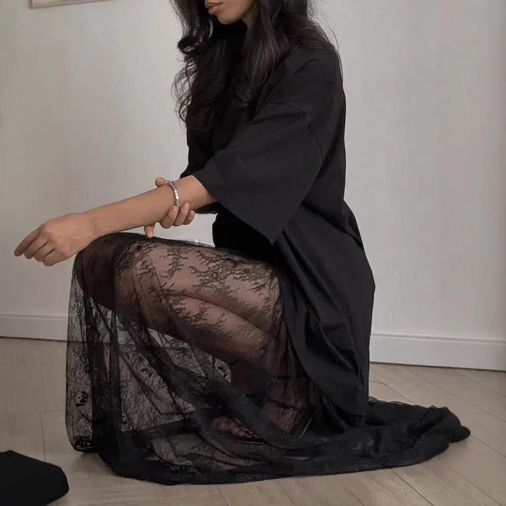 New European and American Express lace splicing mesh loose and comfortable short-sleeved dress