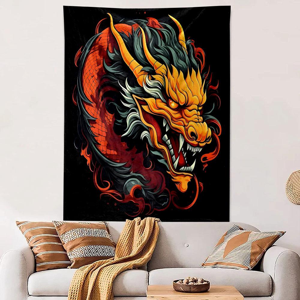 "Fiery Dragon Head with Horns Design" Patterned Tapestry Decorative Wall Hanging, Home Bedroom Living Room Decor