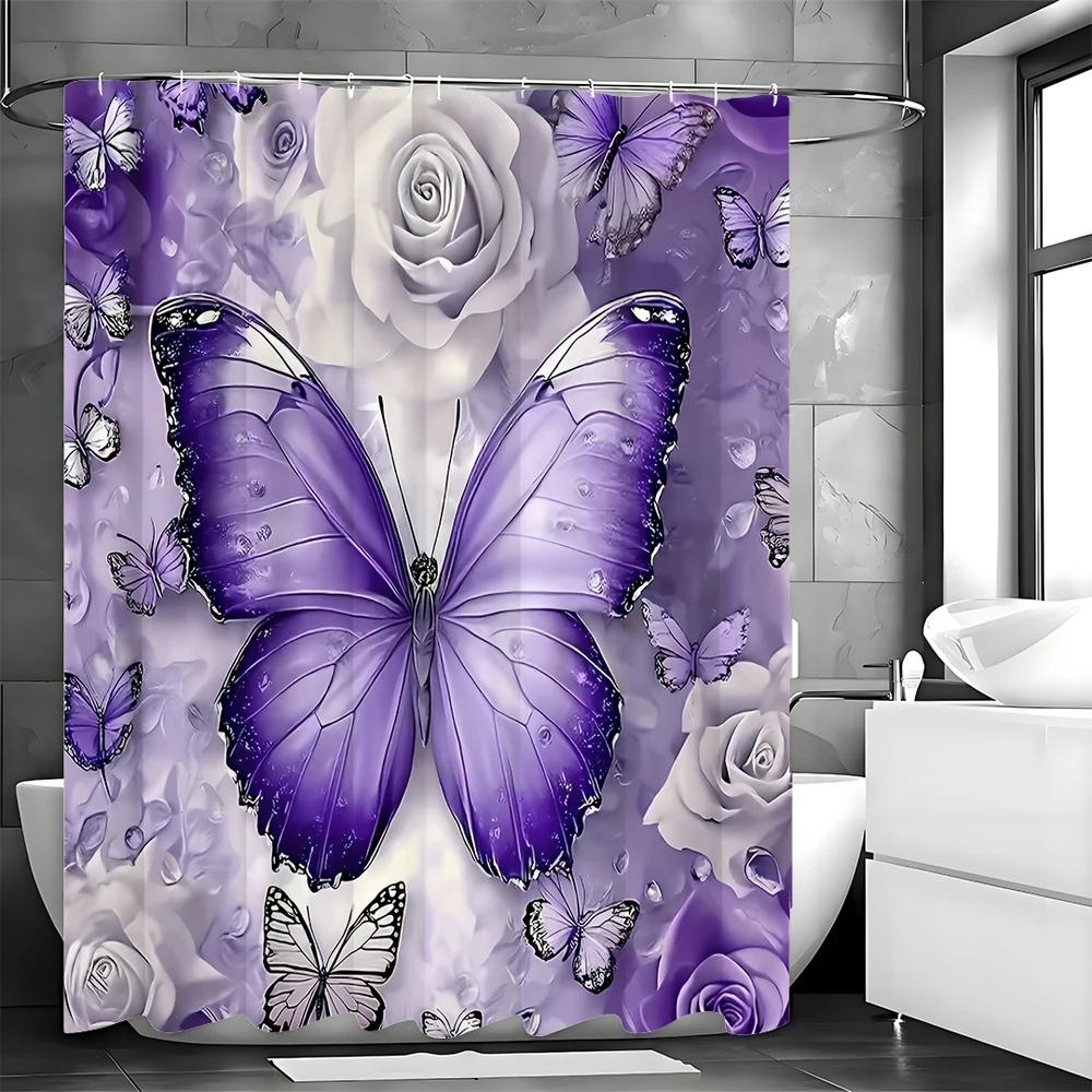 Purple Floral Butterfly Shower Curtain, Bathroom Decorative Shower Curtain, Waterproof Shower Curtain with Hooks
