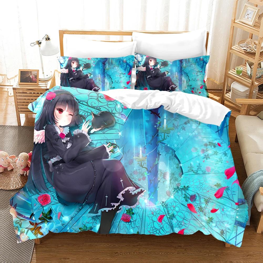 Anime Tjej Sängkläder Set Tecknad Mode 3D-tryck Täcke Lyx Queen King Singel Påslakan Set Hemtextil Dekor Modernt