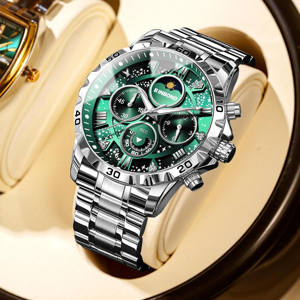 BINBOND Men's Luminous Stainless Steel Moon Phase Quartz Watch