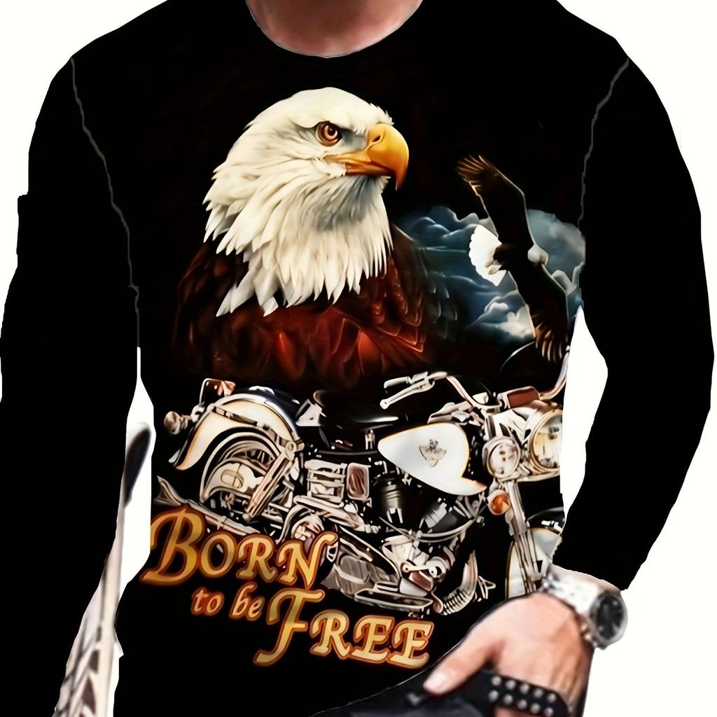 Spring and Autumn Round Neck 3D Animal Eagle Graphic Printed Top Fashionable Casual Hip Hop Long Sleeved Men's T-shirts