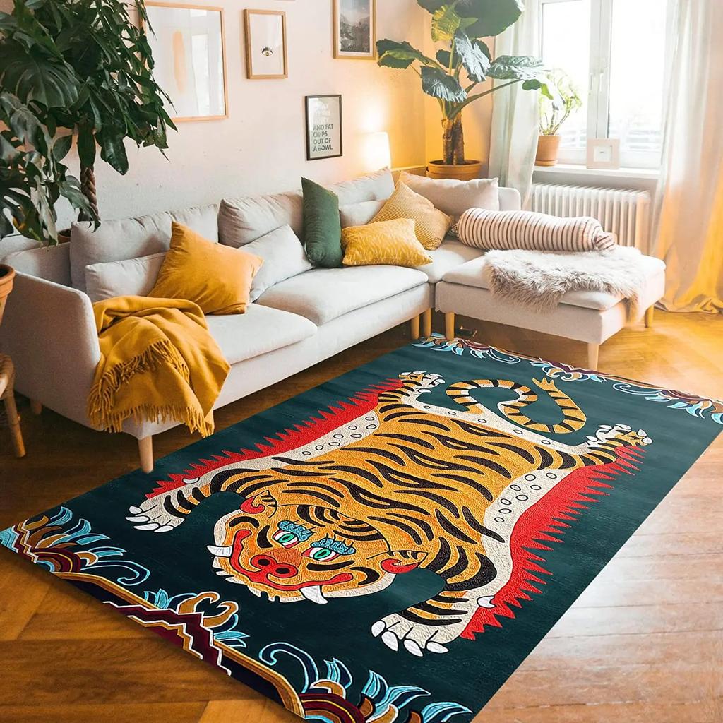 Tiger Artistic Pattern Vintage Inspired Vibrant Colors Playful Design Living Room Kids Bedroom Home Decoration Carpet Mat Rug